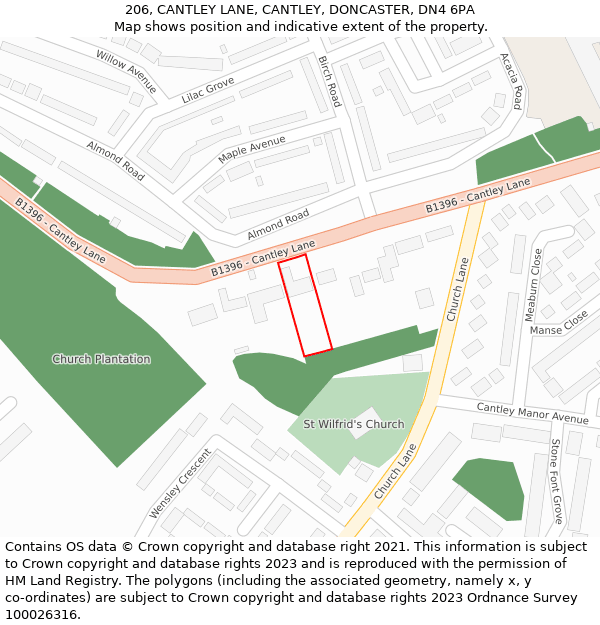 206, CANTLEY LANE, CANTLEY, DONCASTER, DN4 6PA: Location map and indicative extent of plot