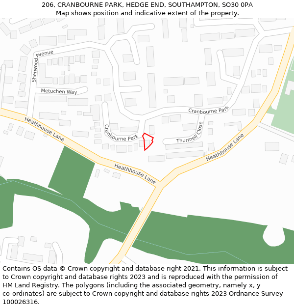 206, CRANBOURNE PARK, HEDGE END, SOUTHAMPTON, SO30 0PA: Location map and indicative extent of plot