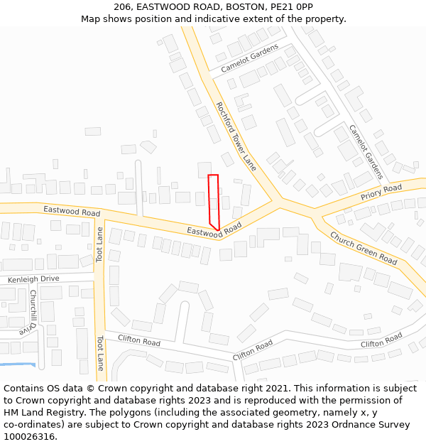 206, EASTWOOD ROAD, BOSTON, PE21 0PP: Location map and indicative extent of plot