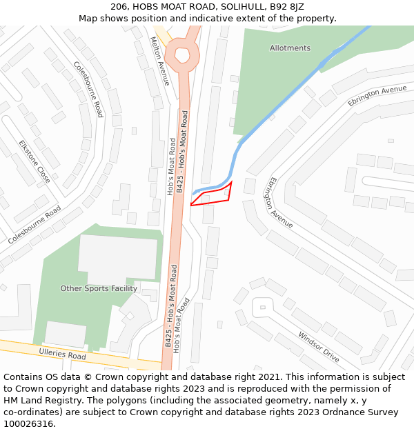 206, HOBS MOAT ROAD, SOLIHULL, B92 8JZ: Location map and indicative extent of plot