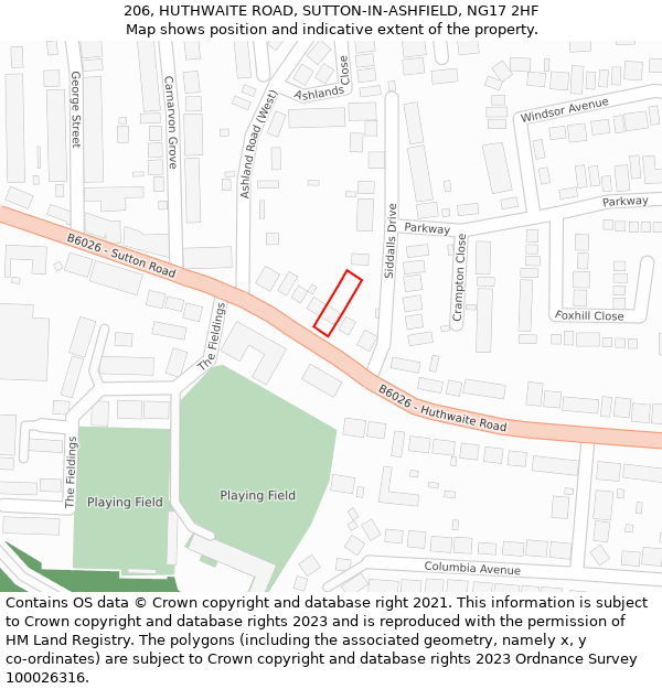 206, HUTHWAITE ROAD, SUTTON-IN-ASHFIELD, NG17 2HF: Location map and indicative extent of plot