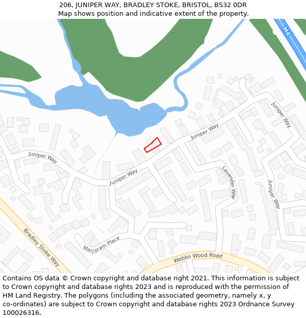 206, JUNIPER WAY, BRADLEY STOKE, BRISTOL, BS32 0DR: Location map and indicative extent of plot