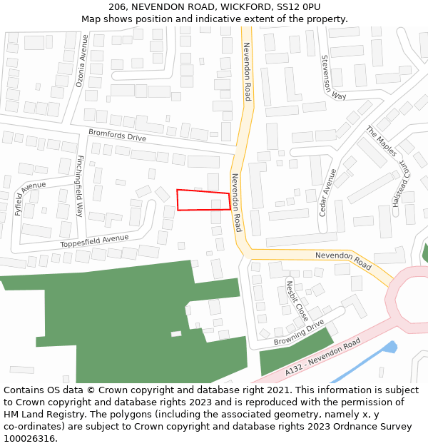 206, NEVENDON ROAD, WICKFORD, SS12 0PU: Location map and indicative extent of plot
