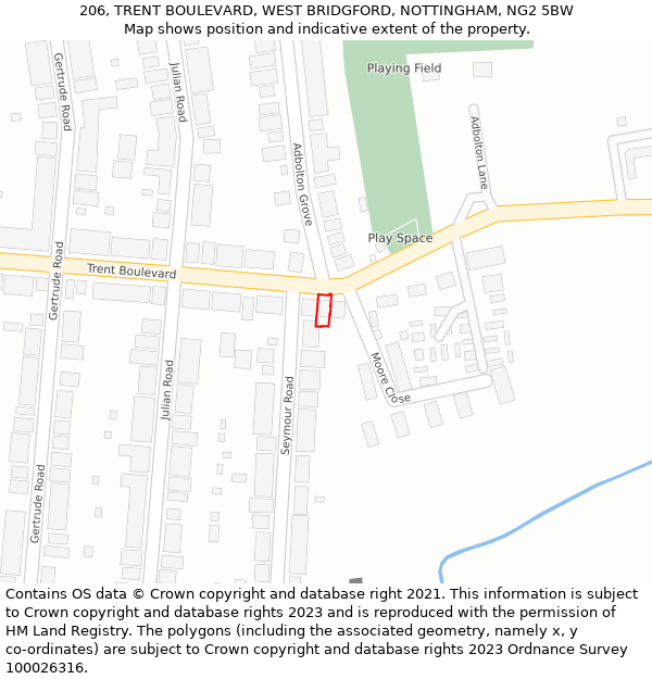 206, TRENT BOULEVARD, WEST BRIDGFORD, NOTTINGHAM, NG2 5BW: Location map and indicative extent of plot