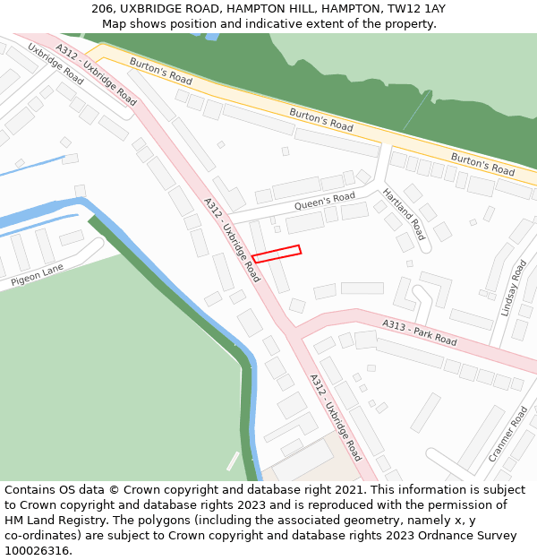 206, UXBRIDGE ROAD, HAMPTON HILL, HAMPTON, TW12 1AY: Location map and indicative extent of plot