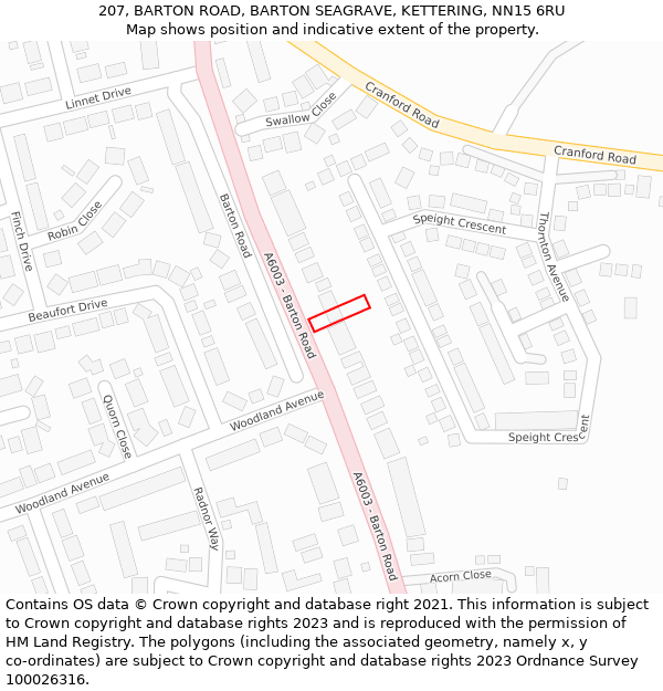 207, BARTON ROAD, BARTON SEAGRAVE, KETTERING, NN15 6RU: Location map and indicative extent of plot