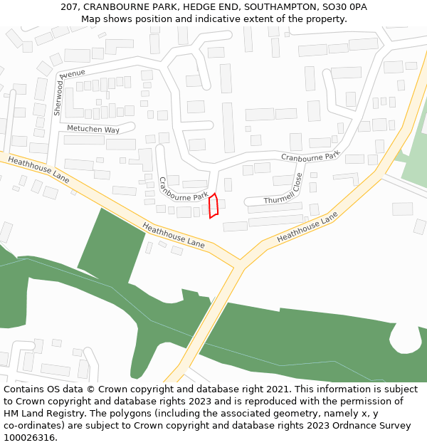 207, CRANBOURNE PARK, HEDGE END, SOUTHAMPTON, SO30 0PA: Location map and indicative extent of plot