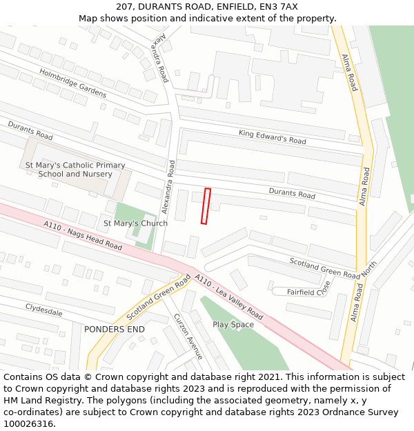 207, DURANTS ROAD, ENFIELD, EN3 7AX: Location map and indicative extent of plot