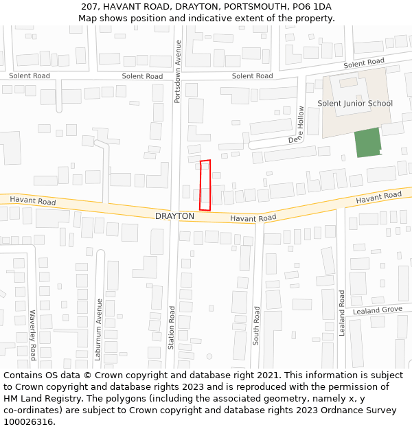 207, HAVANT ROAD, DRAYTON, PORTSMOUTH, PO6 1DA: Location map and indicative extent of plot