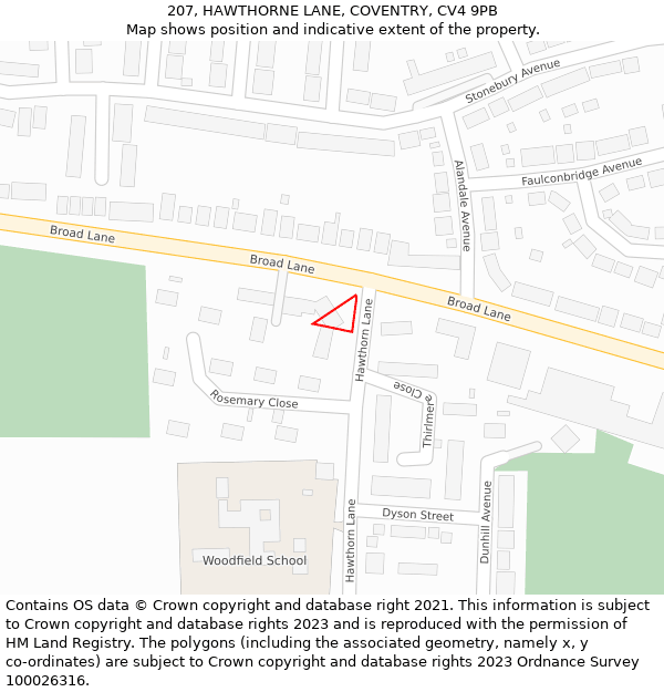 207, HAWTHORNE LANE, COVENTRY, CV4 9PB: Location map and indicative extent of plot