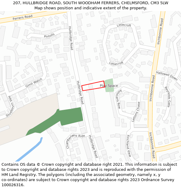 207, HULLBRIDGE ROAD, SOUTH WOODHAM FERRERS, CHELMSFORD, CM3 5LW: Location map and indicative extent of plot