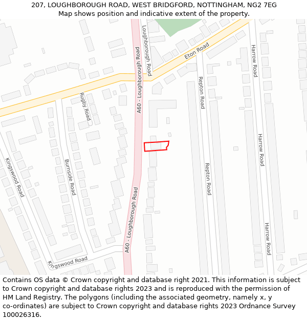 207, LOUGHBOROUGH ROAD, WEST BRIDGFORD, NOTTINGHAM, NG2 7EG: Location map and indicative extent of plot