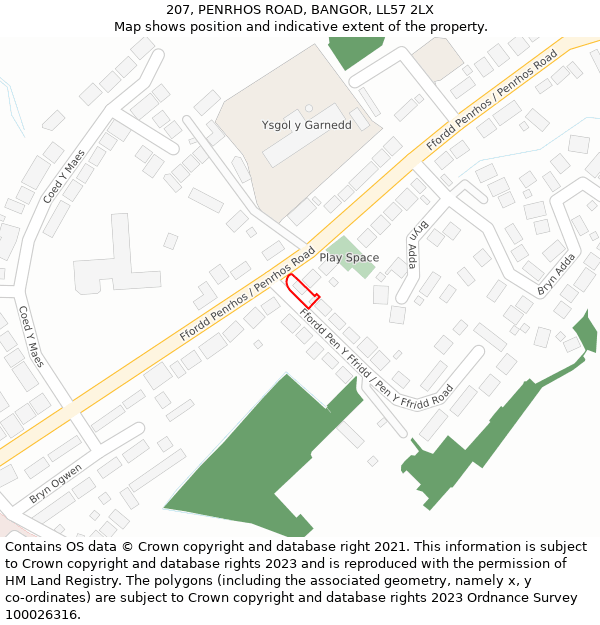 207, PENRHOS ROAD, BANGOR, LL57 2LX: Location map and indicative extent of plot