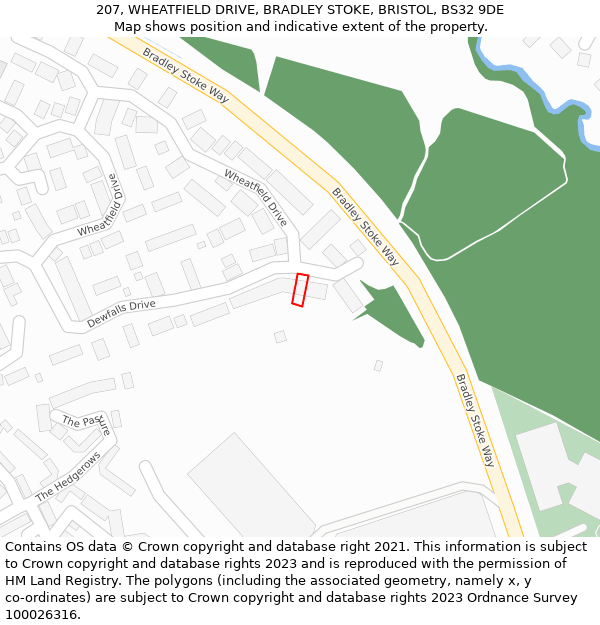 207, WHEATFIELD DRIVE, BRADLEY STOKE, BRISTOL, BS32 9DE: Location map and indicative extent of plot