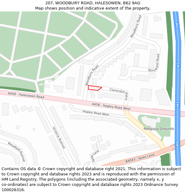 207, WOODBURY ROAD, HALESOWEN, B62 9AG: Location map and indicative extent of plot