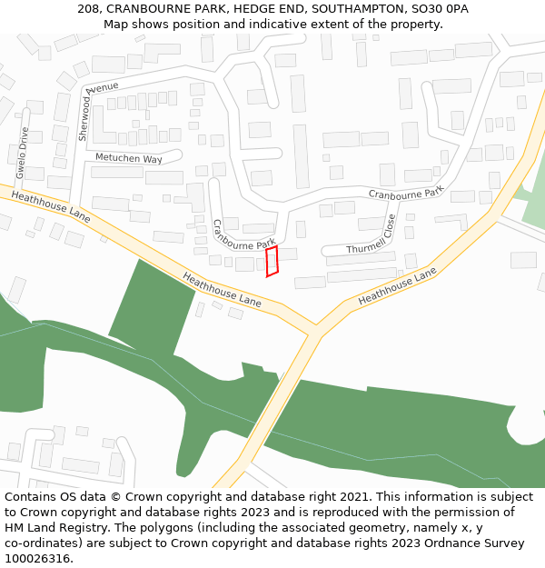208, CRANBOURNE PARK, HEDGE END, SOUTHAMPTON, SO30 0PA: Location map and indicative extent of plot