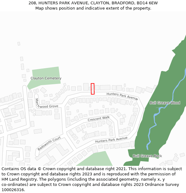 208, HUNTERS PARK AVENUE, CLAYTON, BRADFORD, BD14 6EW: Location map and indicative extent of plot