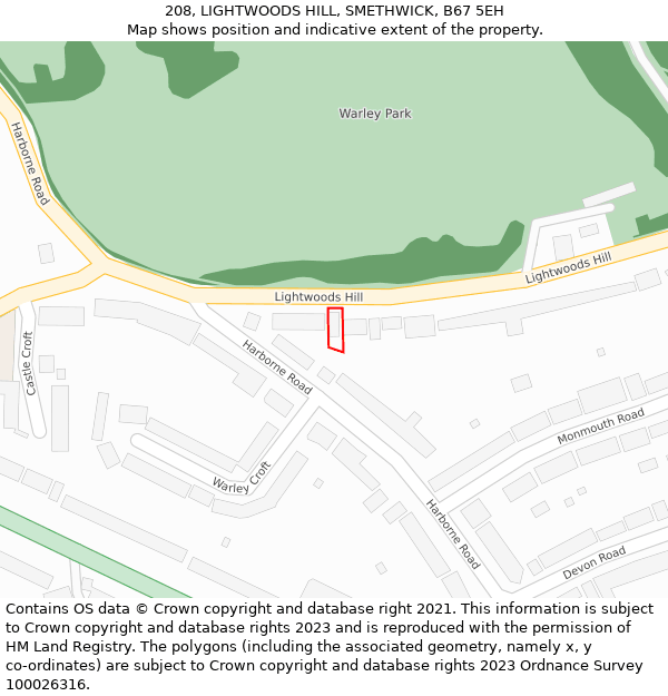 208, LIGHTWOODS HILL, SMETHWICK, B67 5EH: Location map and indicative extent of plot