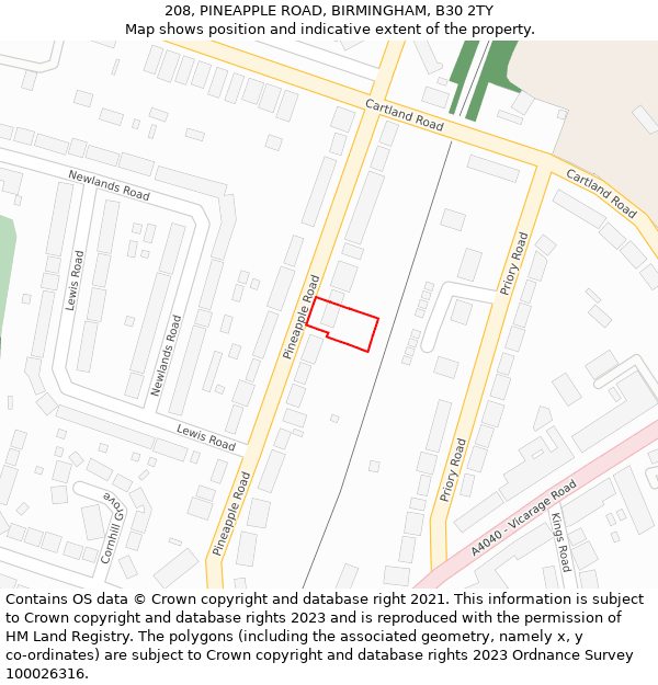 208, PINEAPPLE ROAD, BIRMINGHAM, B30 2TY: Location map and indicative extent of plot