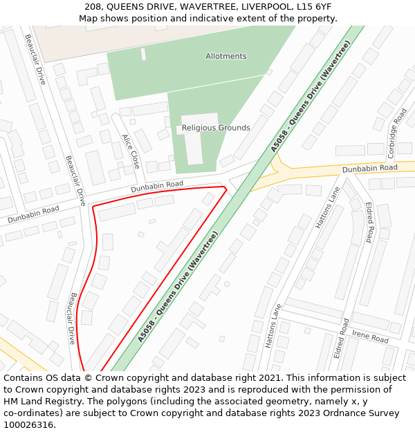 208, QUEENS DRIVE, WAVERTREE, LIVERPOOL, L15 6YF: Location map and indicative extent of plot