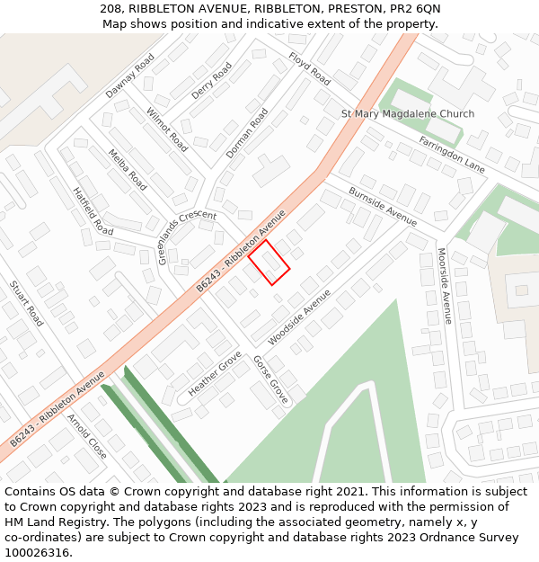 208, RIBBLETON AVENUE, RIBBLETON, PRESTON, PR2 6QN: Location map and indicative extent of plot