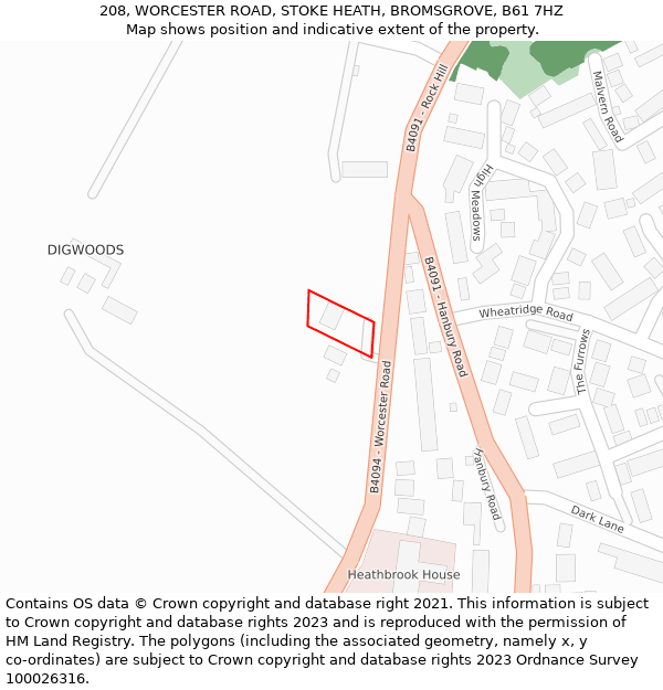 208, WORCESTER ROAD, STOKE HEATH, BROMSGROVE, B61 7HZ: Location map and indicative extent of plot