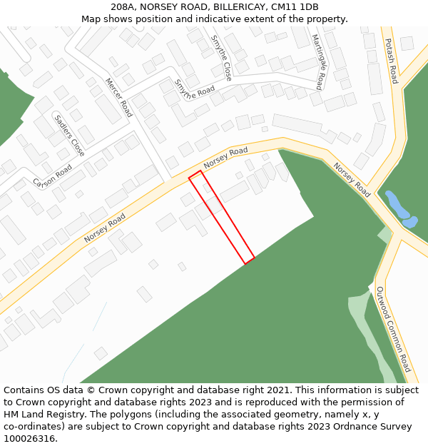 208A, NORSEY ROAD, BILLERICAY, CM11 1DB: Location map and indicative extent of plot