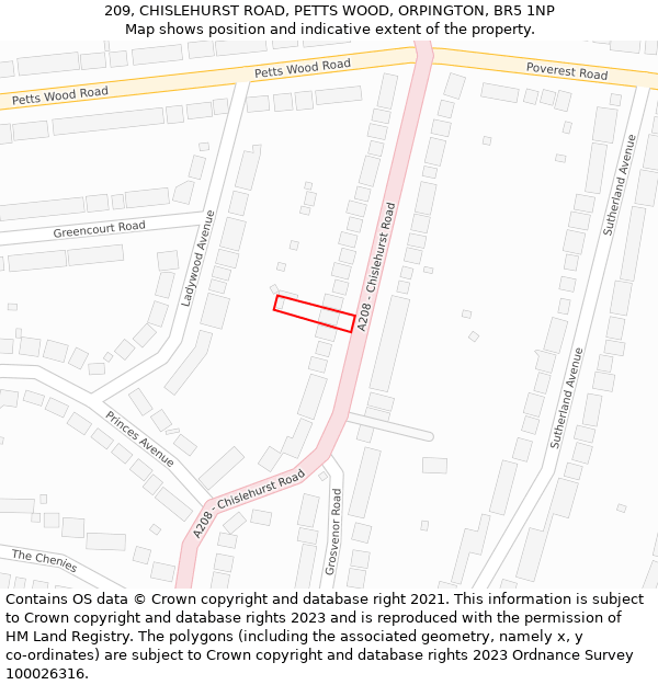 209, CHISLEHURST ROAD, PETTS WOOD, ORPINGTON, BR5 1NP: Location map and indicative extent of plot