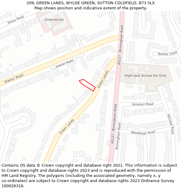 209, GREEN LANES, WYLDE GREEN, SUTTON COLDFIELD, B73 5LX: Location map and indicative extent of plot