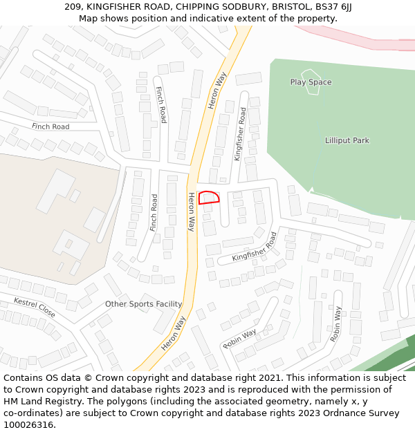209, KINGFISHER ROAD, CHIPPING SODBURY, BRISTOL, BS37 6JJ: Location map and indicative extent of plot