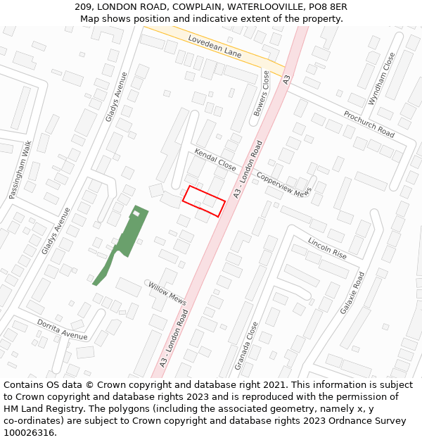 209, LONDON ROAD, COWPLAIN, WATERLOOVILLE, PO8 8ER: Location map and indicative extent of plot