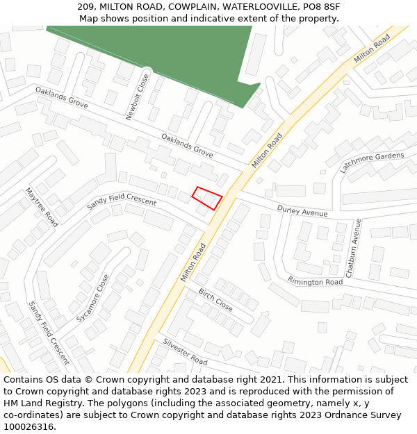 209, MILTON ROAD, COWPLAIN, WATERLOOVILLE, PO8 8SF: Location map and indicative extent of plot