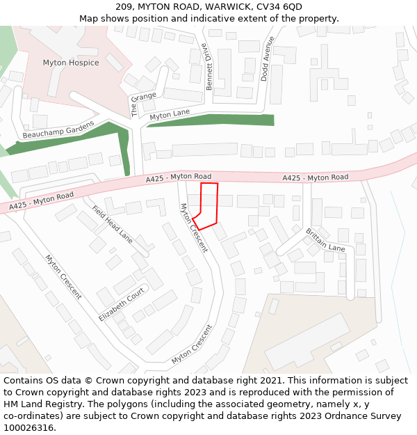 209, MYTON ROAD, WARWICK, CV34 6QD: Location map and indicative extent of plot