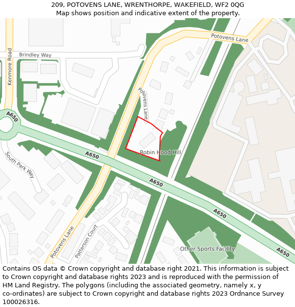 209, POTOVENS LANE, WRENTHORPE, WAKEFIELD, WF2 0QG: Location map and indicative extent of plot