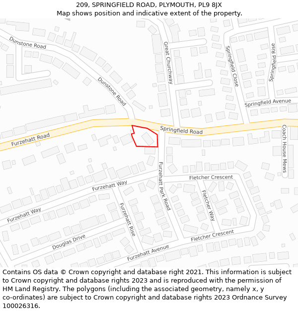 209, SPRINGFIELD ROAD, PLYMOUTH, PL9 8JX: Location map and indicative extent of plot