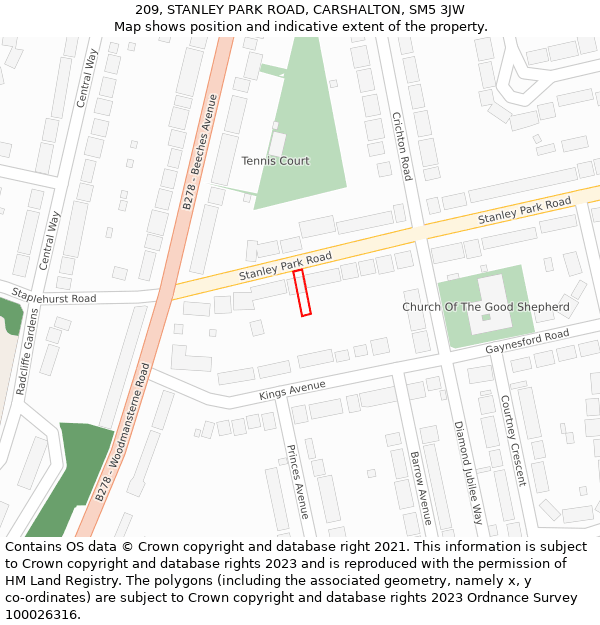 209, STANLEY PARK ROAD, CARSHALTON, SM5 3JW: Location map and indicative extent of plot