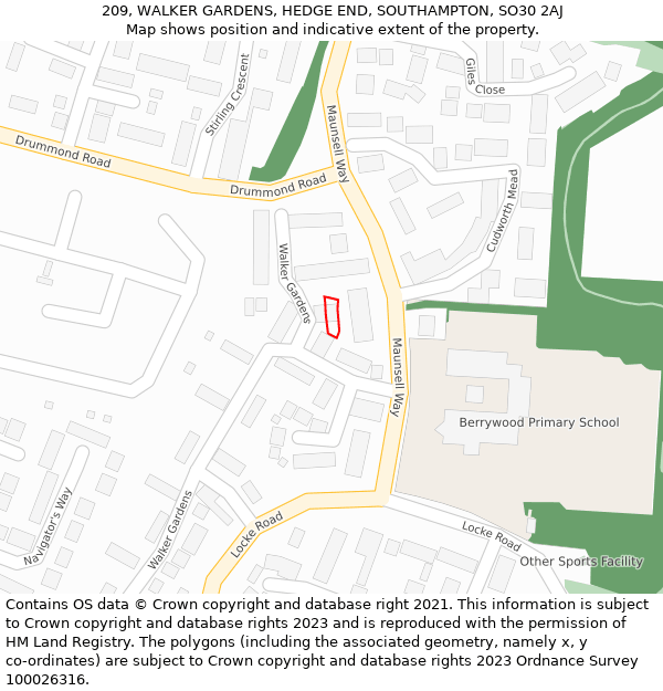 209, WALKER GARDENS, HEDGE END, SOUTHAMPTON, SO30 2AJ: Location map and indicative extent of plot