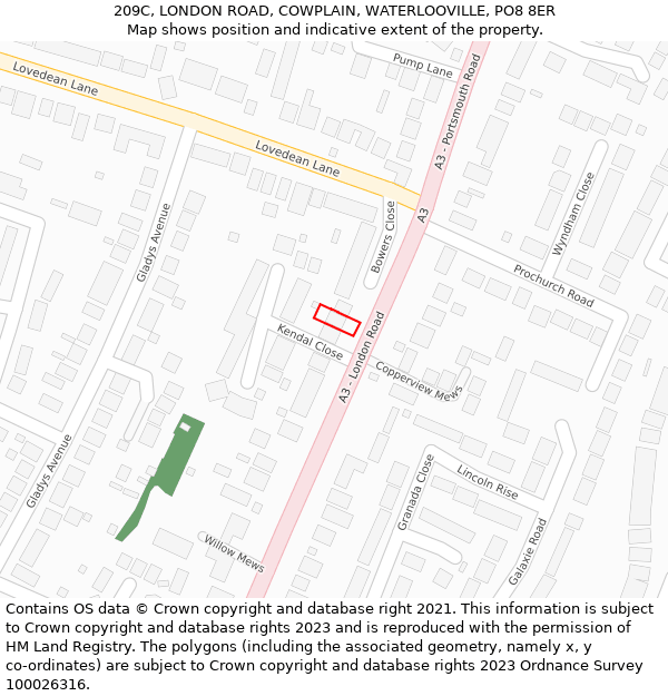 209C, LONDON ROAD, COWPLAIN, WATERLOOVILLE, PO8 8ER: Location map and indicative extent of plot