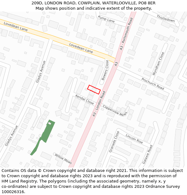209D, LONDON ROAD, COWPLAIN, WATERLOOVILLE, PO8 8ER: Location map and indicative extent of plot