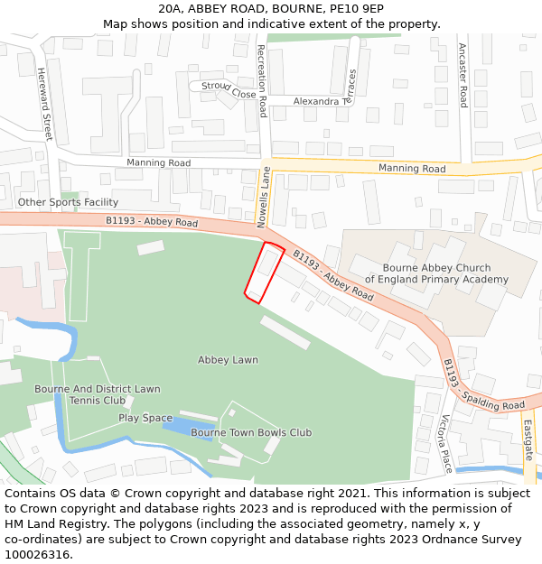 20A, ABBEY ROAD, BOURNE, PE10 9EP: Location map and indicative extent of plot