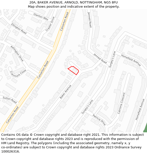 20A, BAKER AVENUE, ARNOLD, NOTTINGHAM, NG5 8FU: Location map and indicative extent of plot