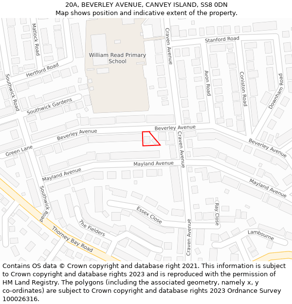20A, BEVERLEY AVENUE, CANVEY ISLAND, SS8 0DN: Location map and indicative extent of plot