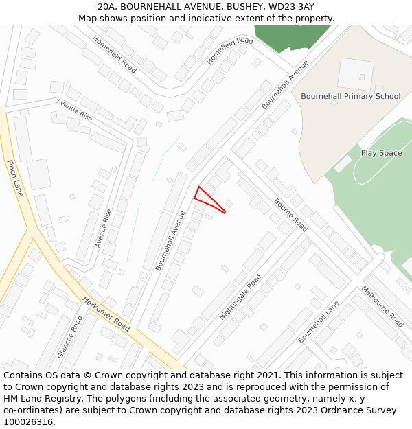 20A, BOURNEHALL AVENUE, BUSHEY, WD23 3AY: Location map and indicative extent of plot