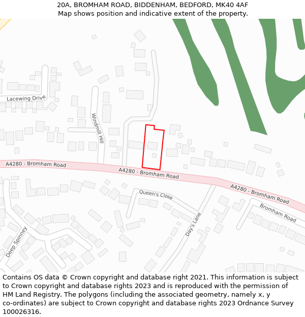 20A, BROMHAM ROAD, BIDDENHAM, BEDFORD, MK40 4AF: Location map and indicative extent of plot