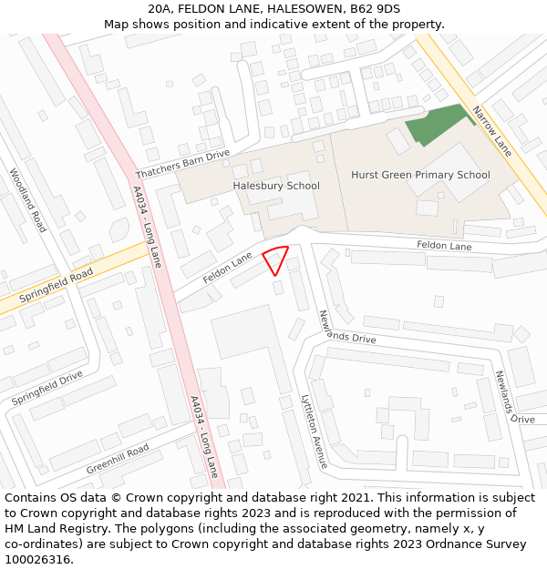 20A, FELDON LANE, HALESOWEN, B62 9DS: Location map and indicative extent of plot