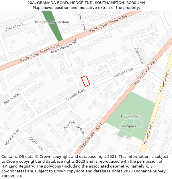20A, GRANADA ROAD, HEDGE END, SOUTHAMPTON, SO30 4AN: Location map and indicative extent of plot