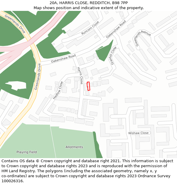 20A, HARRIS CLOSE, REDDITCH, B98 7PP: Location map and indicative extent of plot