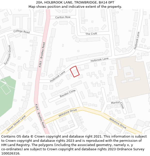 20A, HOLBROOK LANE, TROWBRIDGE, BA14 0PT: Location map and indicative extent of plot