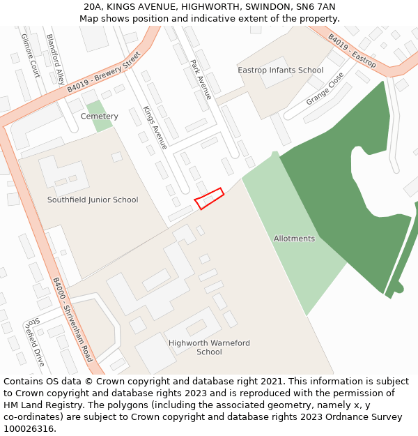 20A, KINGS AVENUE, HIGHWORTH, SWINDON, SN6 7AN: Location map and indicative extent of plot