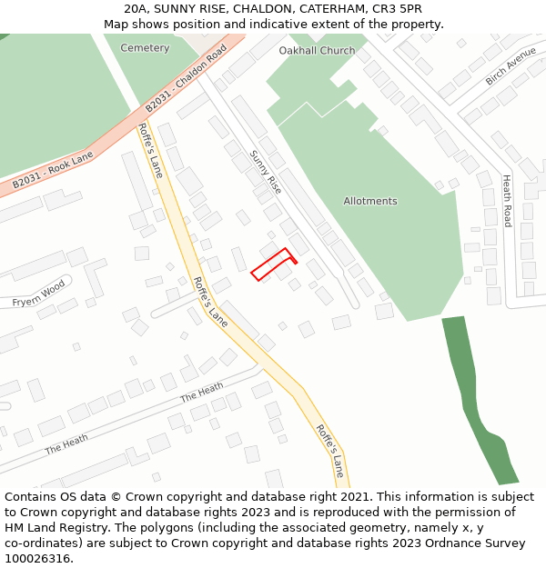 20A, SUNNY RISE, CHALDON, CATERHAM, CR3 5PR: Location map and indicative extent of plot